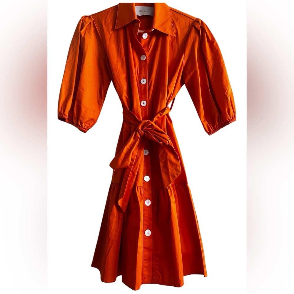 Kasia made in Greece Orange Button down tie Midi dress NWT Small